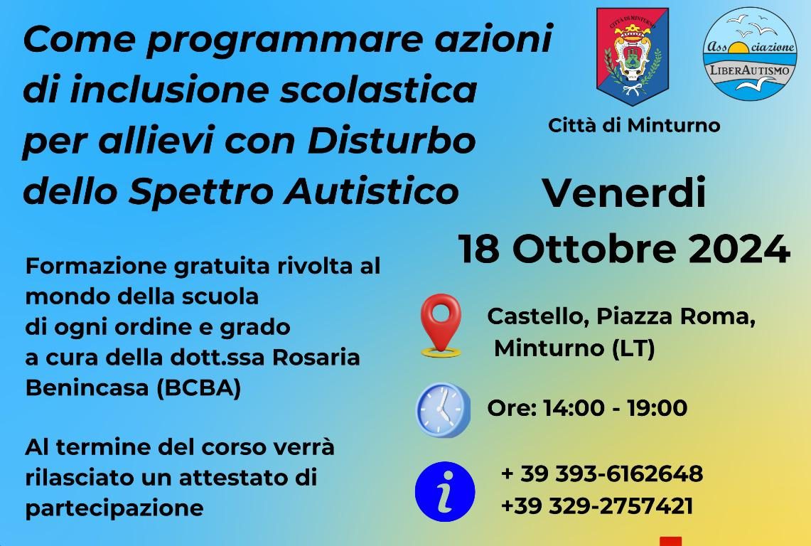 Minturno / Inclusione scolastica e spettro autistico, domani il corso organizzato da LiberAutismo