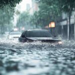 Auto che percorre una strada allagata mentre diluvia