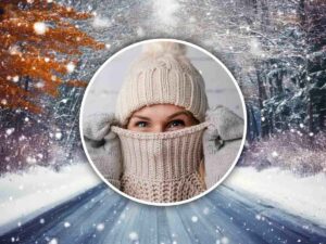 Ragazza con cappello e maglione su uno scenario innevato