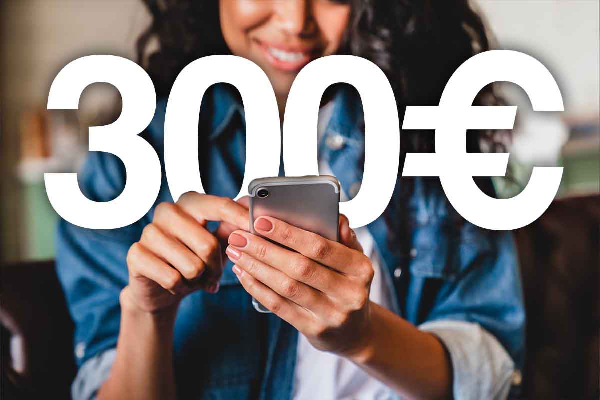 Ragazza con lo smartphone e cifra 300 euro