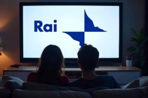 due persone guardano la tv, sullo schermo il logo della Rai