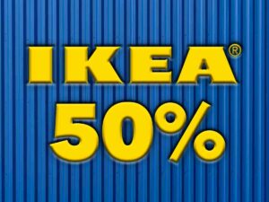 logo Ikea con indicazione sconto del 50%