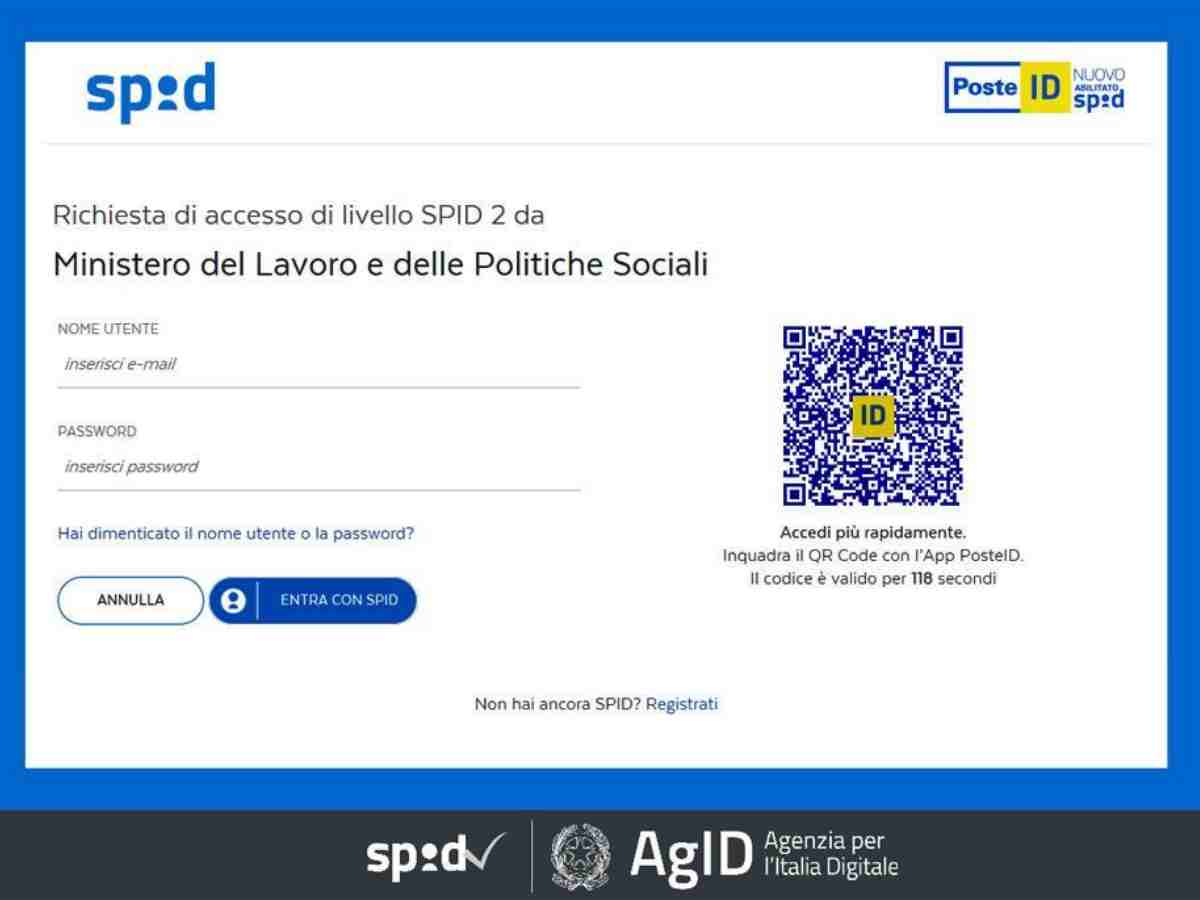 Schermata di accesso allo SPID