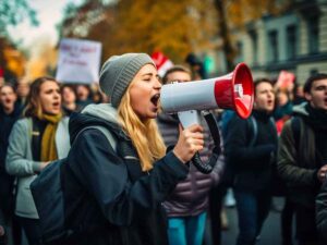 persone con megafono che protestano